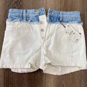 Zara Womens High-Waisted Two-Tone Denim Shorts Button Fly Frayed Hem USA Size 6